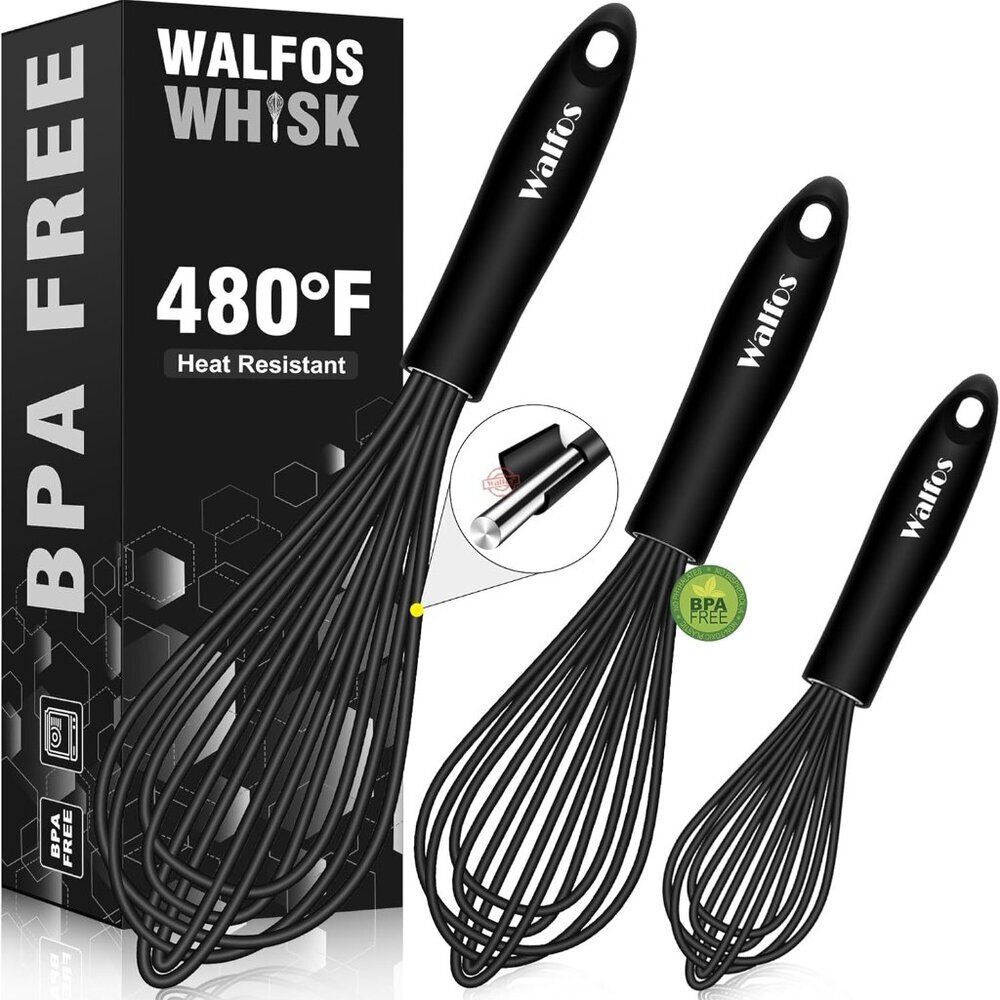 Silicone Whisk,Stainless Steel Wire Whisk Set of 3 -Heat Resistant 480°F Kitchen